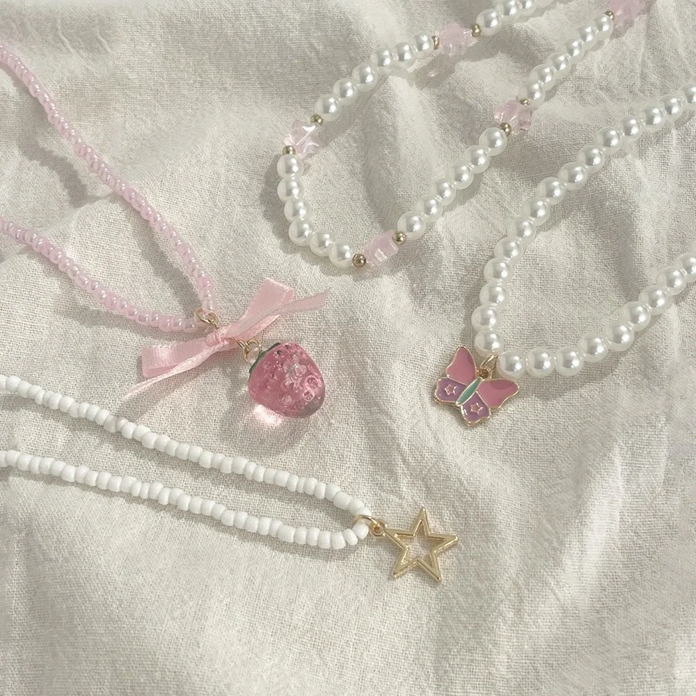 Anthropologie Pink & White Beaded Charm Necklace Set